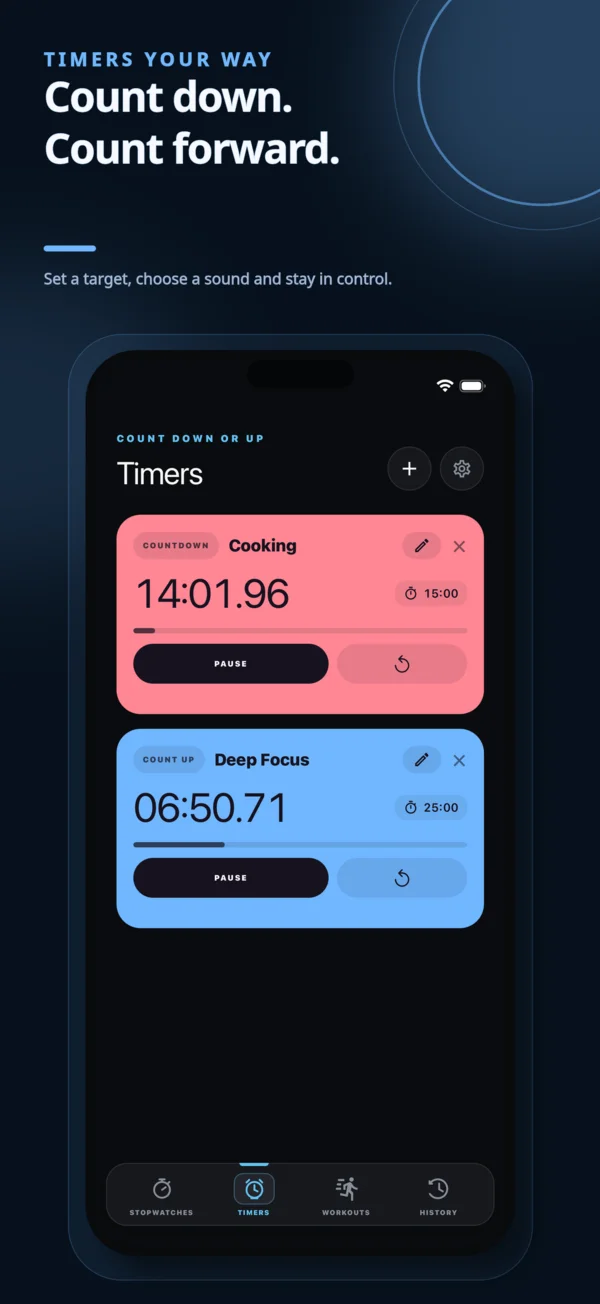 Colorful named timers counting down and up