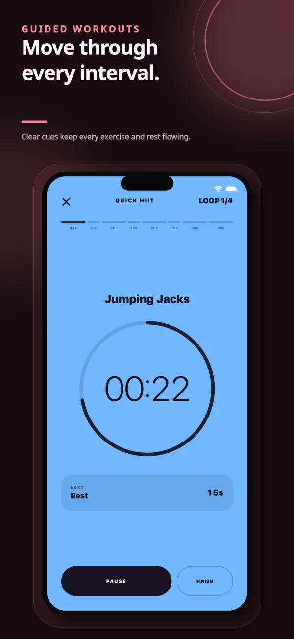 Guided workout with exercise and rest intervals