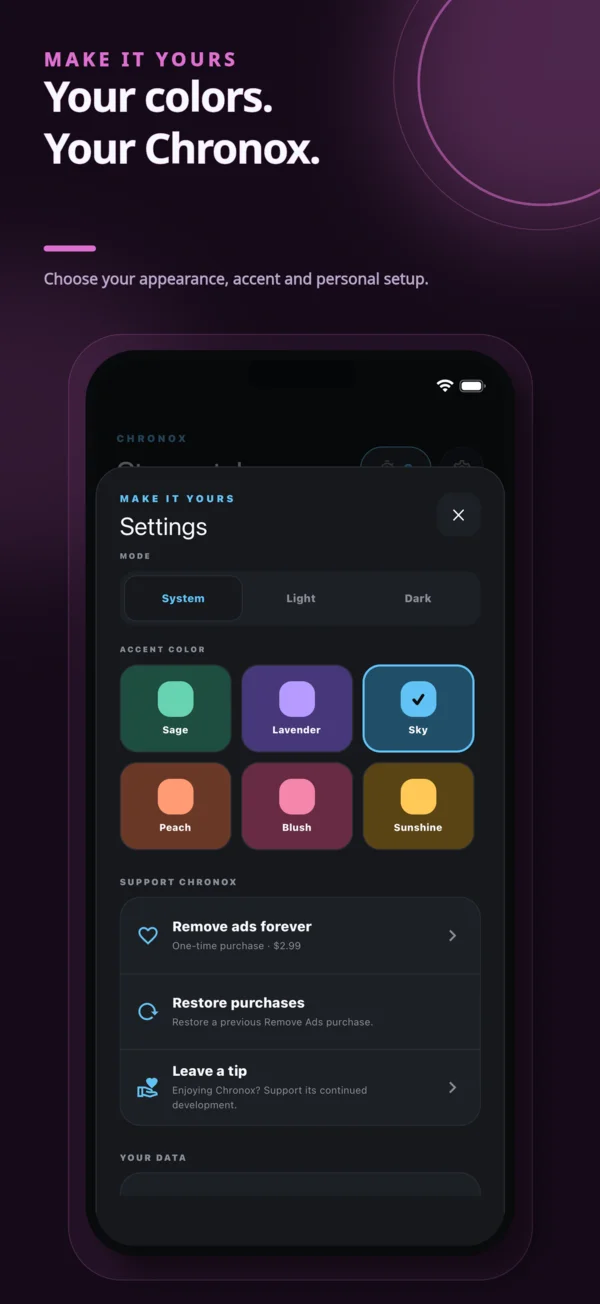 Chronox appearance settings and accent colors