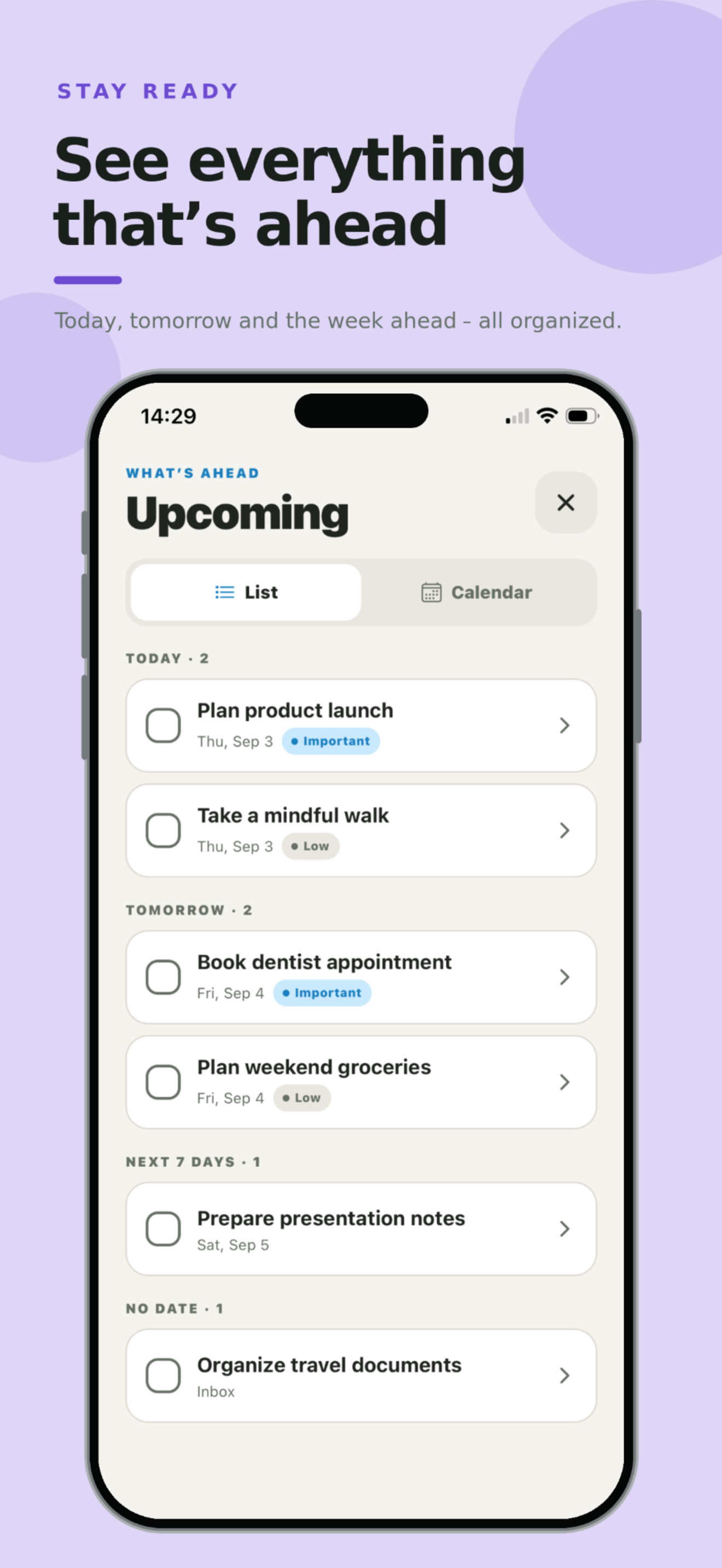 Todara upcoming task list