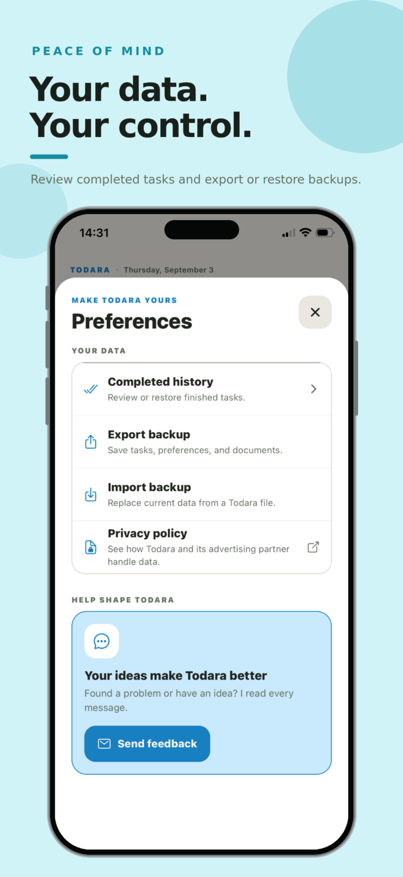 Todara privacy and backup settings