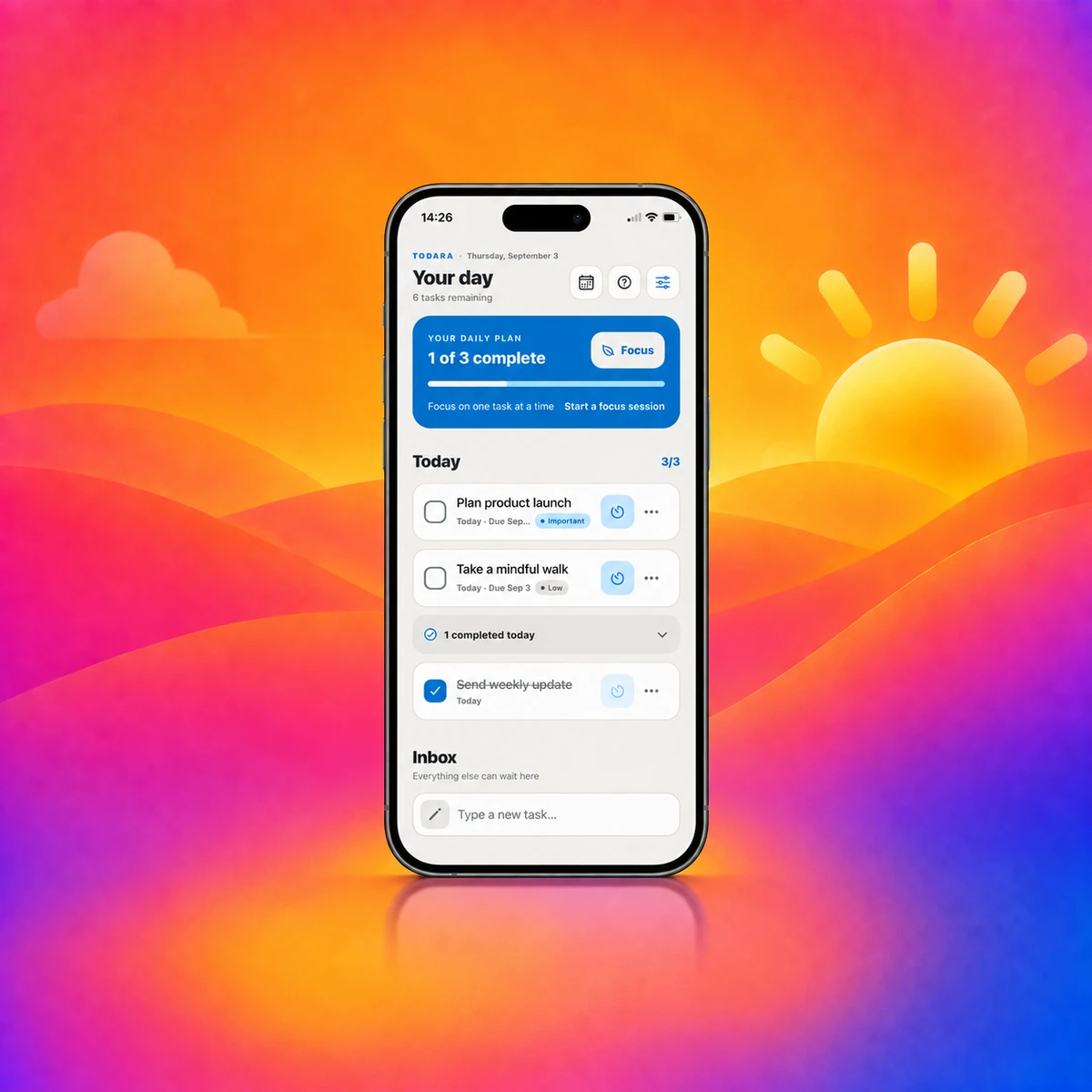 Todara daily progress screen in front of a colorful sunrise